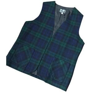 Vintage Plaid Green wool open front pocketed vest lined size medium